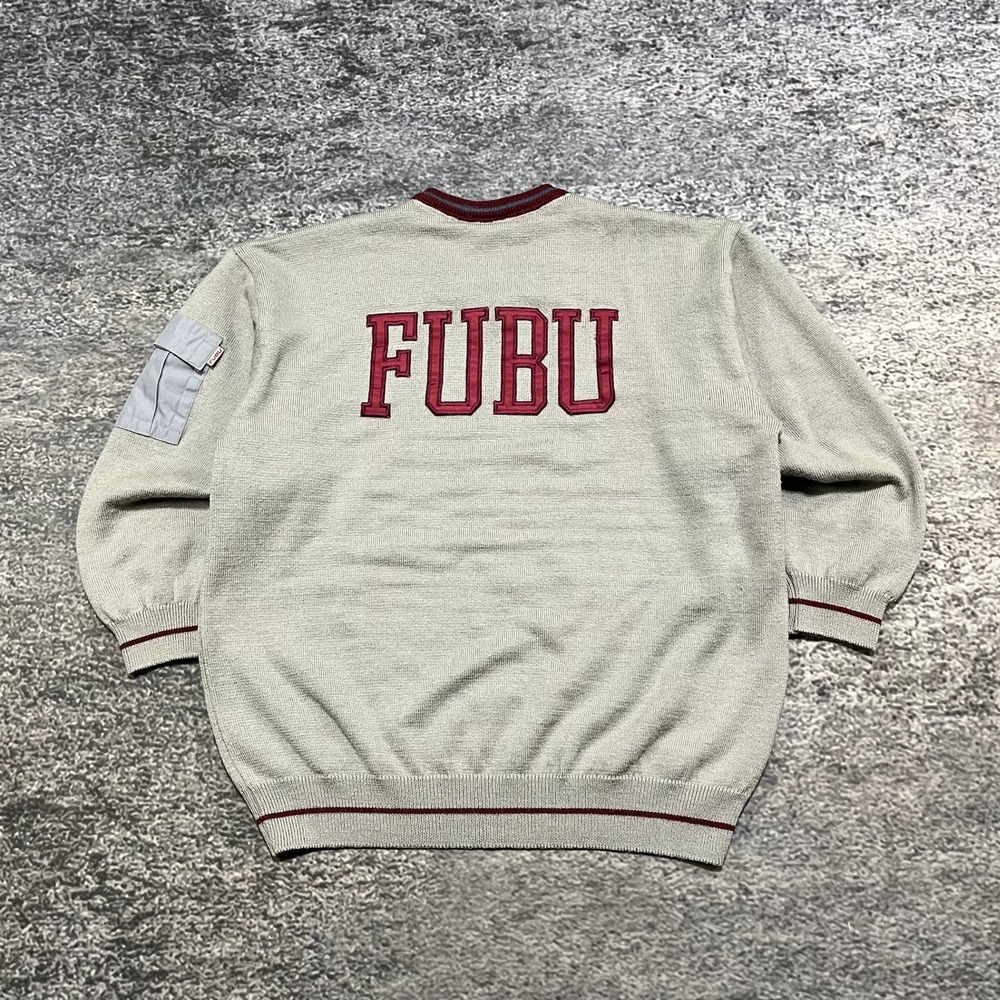 Vintage FUBU Sweater Mens XL Gray Wool Acrylic Hip-Hop Streetwear 90s Y2K